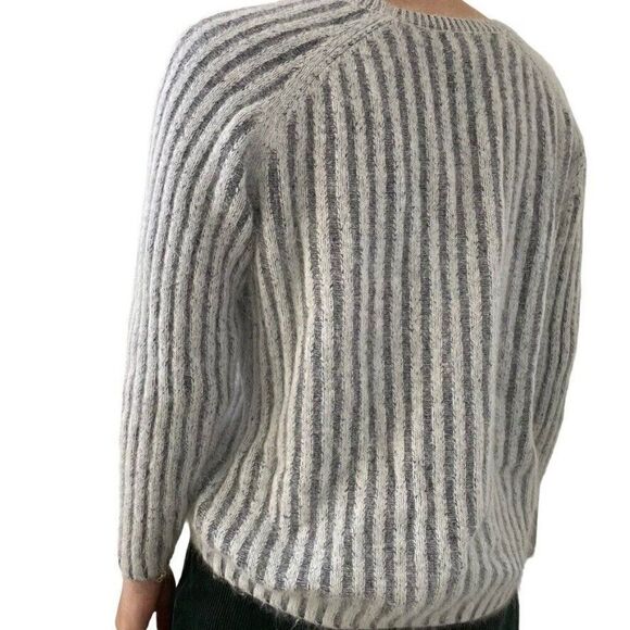 Womens Angora Blend Gray White Stripe Fluffy Fuzzy Soft Crewneck Preppy Sweater - Picture 7 of 7